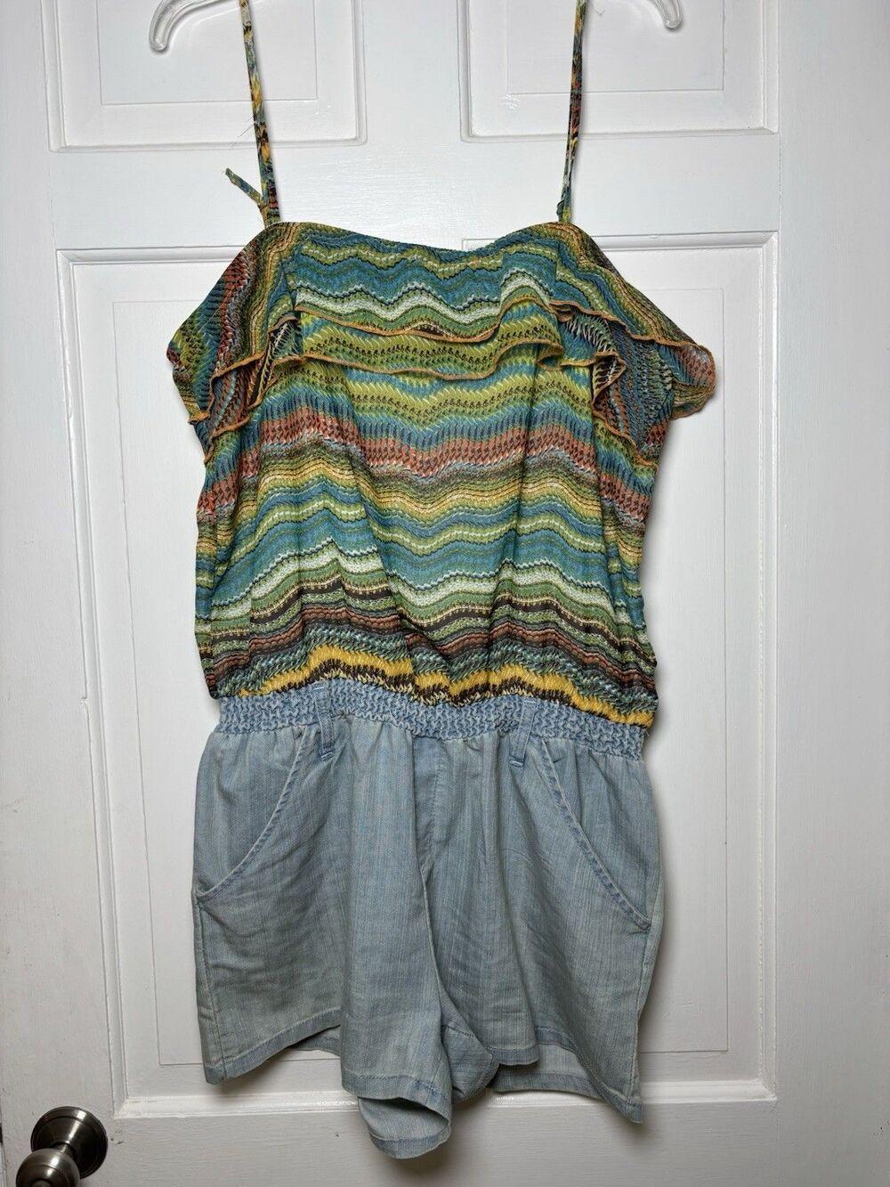 Blue Spice Blue Denim Jean Jumper W/Multicolor Strap Ruffle Top Boho Western XL